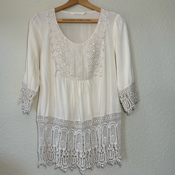 Solitaire pale cream, Boho Crochet Trim Tunic Top, Cover-up,Blouse. Women’s M - Picture 2 of 7
